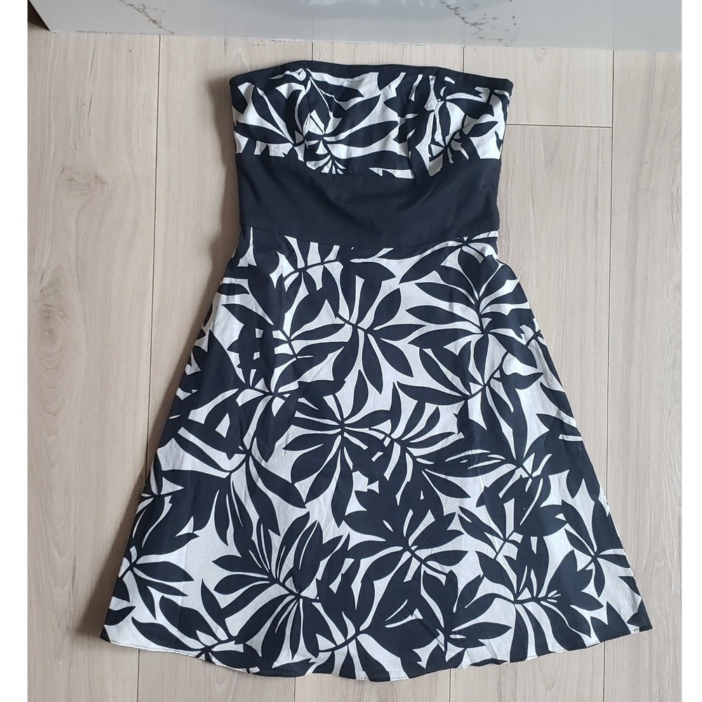 WHBM Strapless Dress Womens 2 Black White Floral Formal Cocktail Y2K